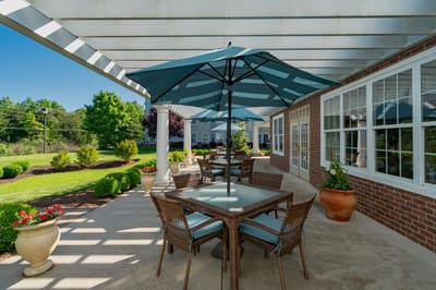Outdoor seating area with umbrellas and greenery