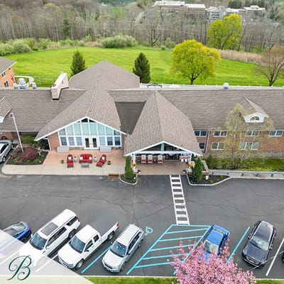 Aerial view of the assisted living facility with parking lot