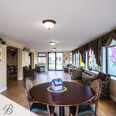 Interior common area with seating and colorful decor