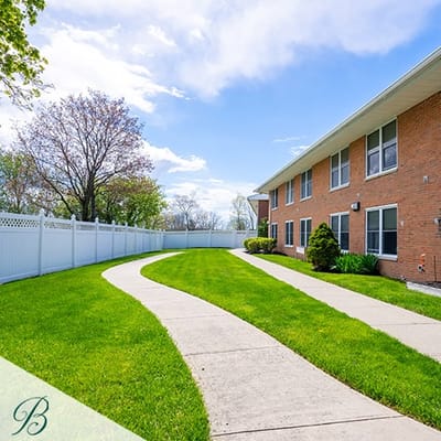 Exterior view of landscaped grounds and building