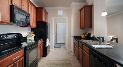 Modern kitchen with dark countertops and wooden cabinets