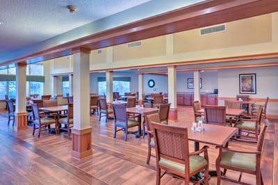 Interior view of the dining area with tables and chairs