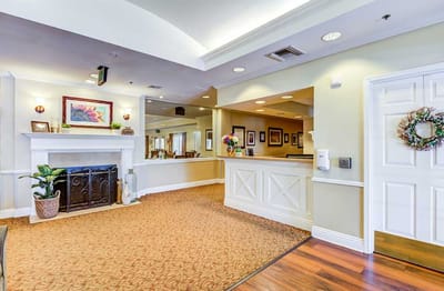 Bright lobby area of a senior living facility