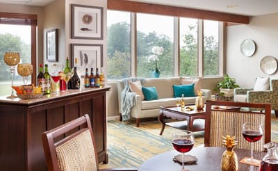Bright common area with drinks and seating