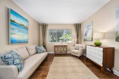 Bright and inviting common area with seating