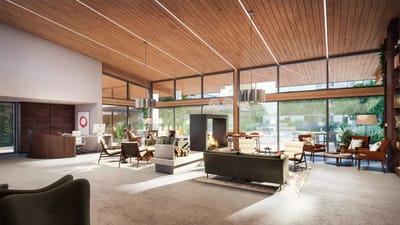 Modern lobby area with large windows and comfortable seating