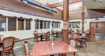 Interior view of a dining area with tables