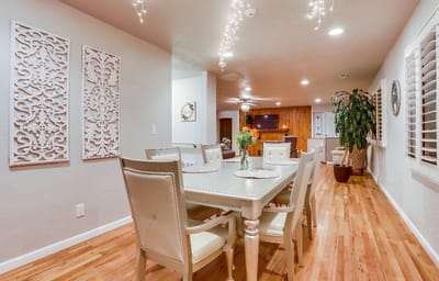 Interior dining area with a table and decor