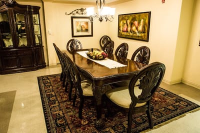 Elegant dining area with a large wooden table