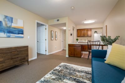 Cozy interior of a resident unit with kitchen and living area