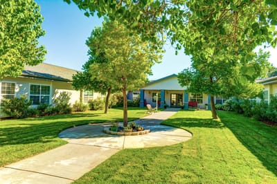 A landscaped garden area outside the facility
