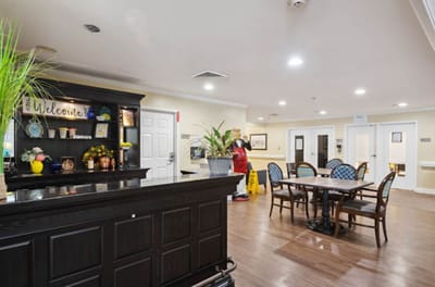Bright lobby area with seating and decor