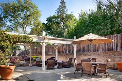 Outdoor seating area with patio furniture and trees