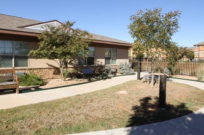 Outdoor garden space with walking paths