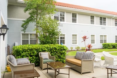 Outdoor seating area with landscaping