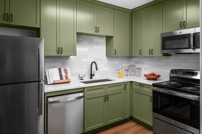 A modern kitchen with green cabinets and appliances