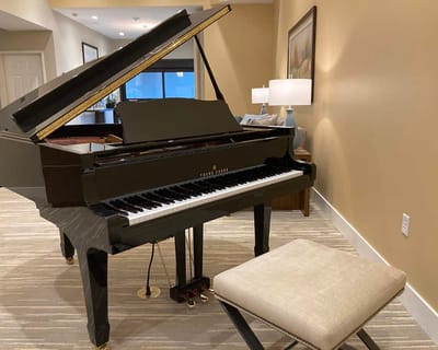 Grand piano in a comfortable lounge area