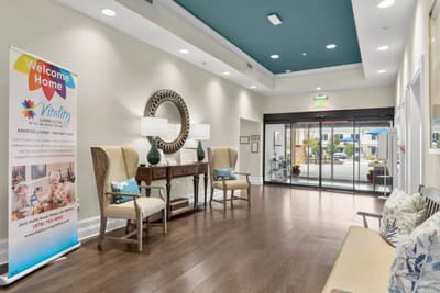 Bright interior of a senior living facility lobby