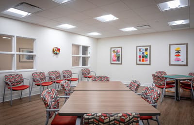 Bright common room with colorful furniture