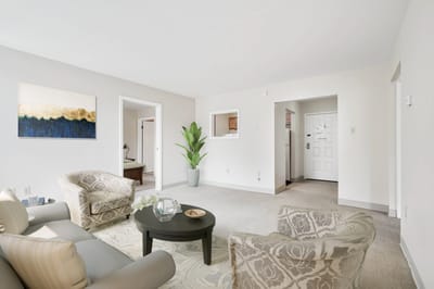 Bright and airy resident room with seating area
