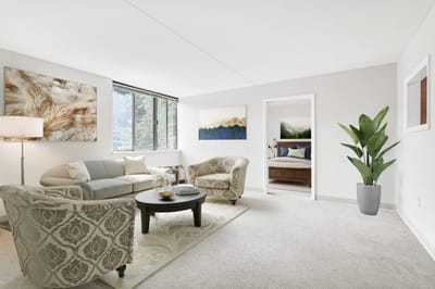Brightly decorated common area with seating and art