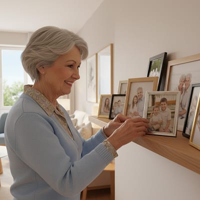 A senior woman arranging family photos on a shelf