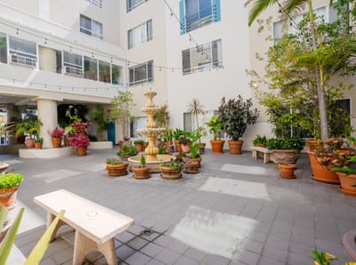 Outdoor courtyard with a fountain and potted plants