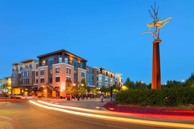Exterior view of the building with outdoor landscaping