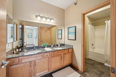Modern bathroom with dual sinks and natural light