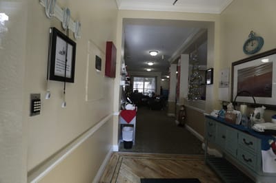 Interior hallway decorated for the holidays