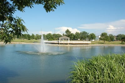 View of a pond with a fountain in an outdoor area