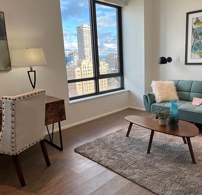Bright interior of a living area with city views