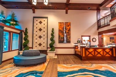 Lobby area with seating and decorative elements