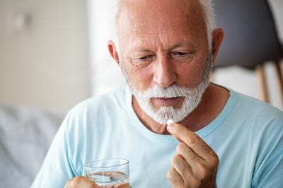 Senior man taking medication with a glass of water