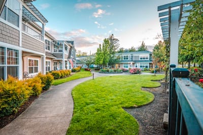 Beautiful garden pathway with residential buildings