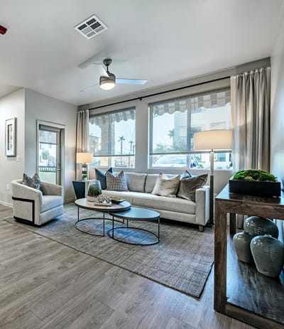Bright and inviting common area with seating