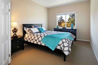 Well-decorated private bedroom with a bed and dresser