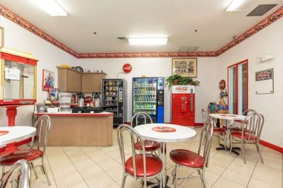 Café area with vending machines and seating