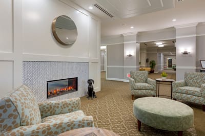 Cozy common area with seating and a dog