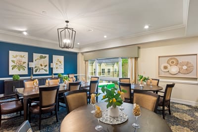 Bright dining room with tables and decorative plants