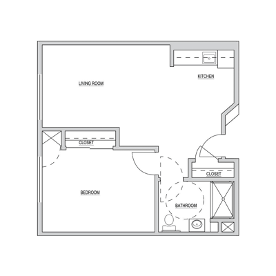 Architectural floor plan of a one-bedroom unit
