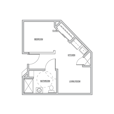 Architectural floor plan of a one-bedroom unit