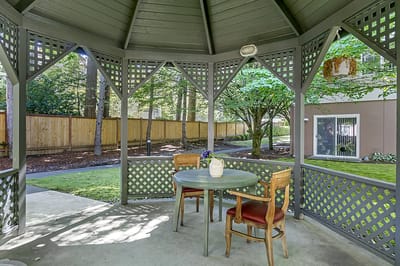 Outdoor gazebo with a table and chairs in a serene setting