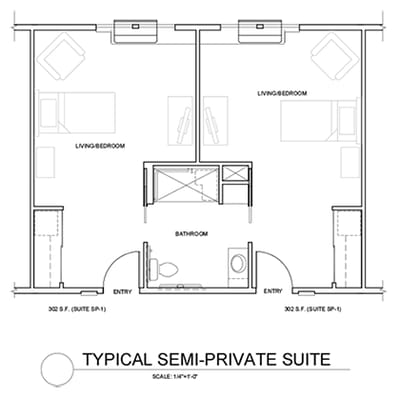 Architectural floor plan of a semi-private suite