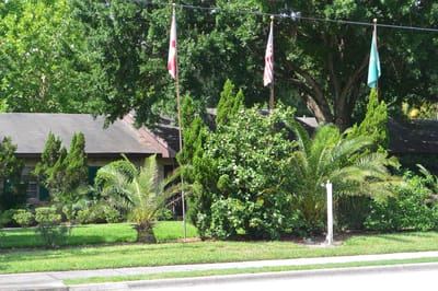Exterior view of a senior living facility with flags and landscaping