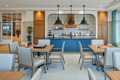 Interior common area with seating and activity options