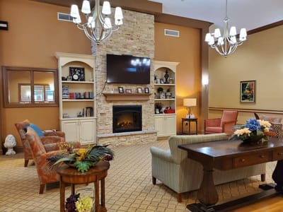 Cozy common area with comfortable seating and fireplace