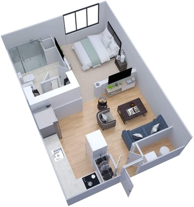 3D layout of a one-bedroom apartment