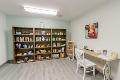 Snack pantry area with shelves of food items
