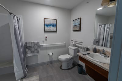Modern assisted living bathroom with safety features